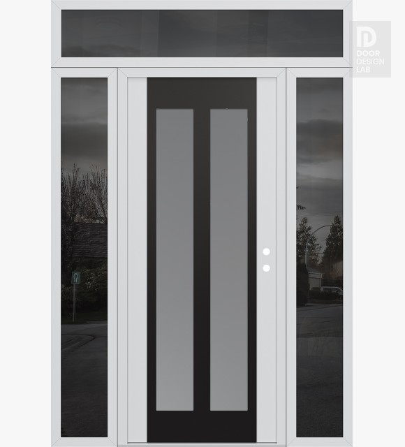 Modern Steel Front Door Diamond C14 64" x 96" white/white frosted Glass Panel black LHI with 2 Sidelites and Transom mirrored Glass