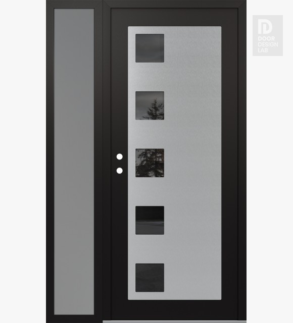 Modern Steel Front Door Diamond C5 48" x 80" black/black mirrored Glass Panel stainless steel RHI with Sidelite frosted Glass