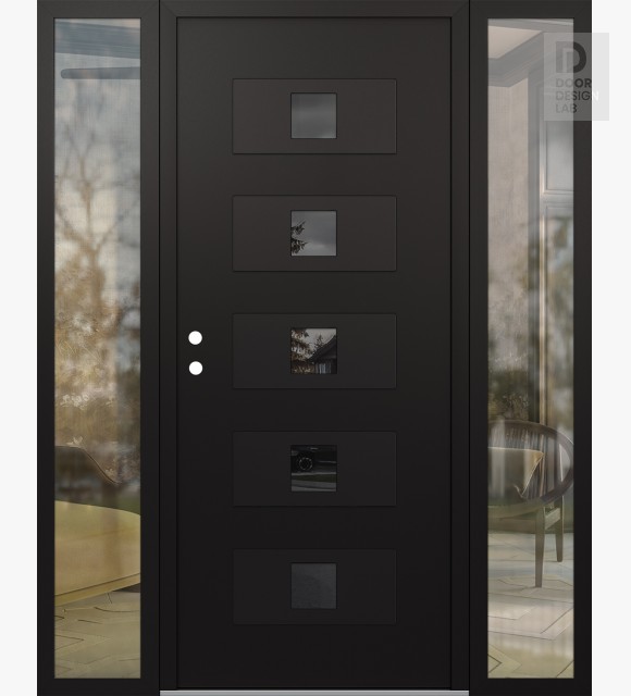 Modern Steel Front Door Diamond D8 60" x 80" black/black mirrored Glass Panel black RHI with 2 Sidelites clear Glass