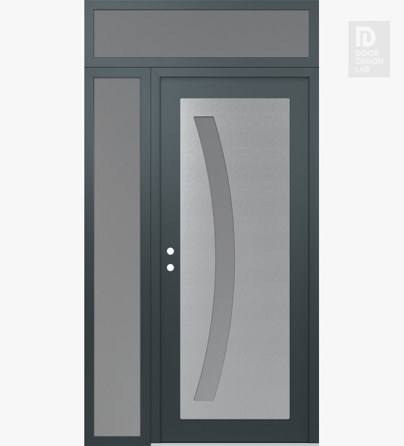 Modern Steel Front Door Diamond C4 50" x 96" anthracite/anthracite frosted Glass Panel stainless steel RHI with Sidelite and Transom frosted Glass