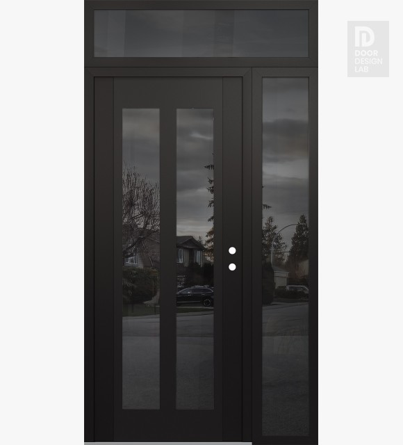 Modern Steel Front Door Diamond C14 50" x 96" black/black mirrored Glass Panel black LHI with Sidelite and Transom mirrored Glass