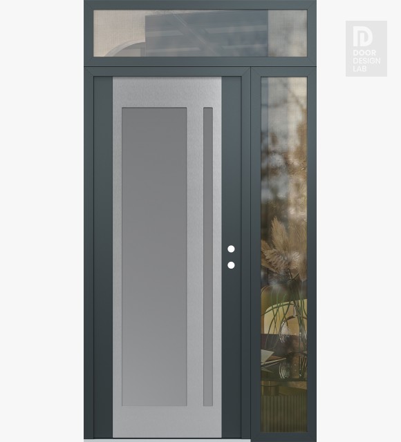 Modern Steel Front Door Diamond C15 50" x 96" anthracite/anthracite frosted Glass Panel stainless steel LHI with Sidelite and Transom clear Glass
