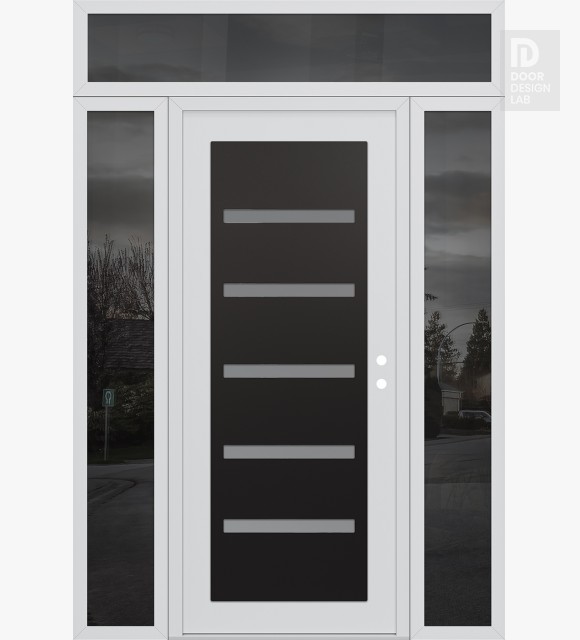 Modern Steel Front Door Diamond C7 64" x 96" white/white frosted Glass Panel black LHI with 2 Sidelites and Transom mirrored Glass
