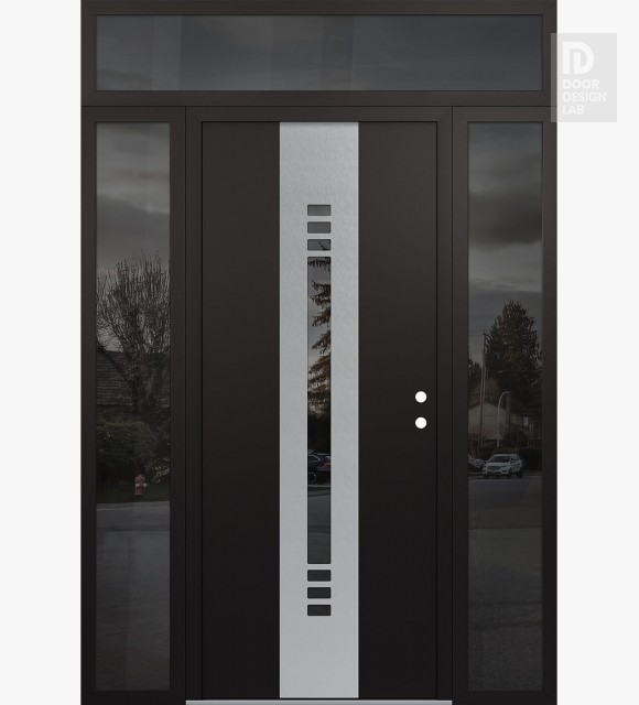 Modern Steel Front Door DIAMOND A5 64" X 96" BLACK/BLACK MIRRORED GLASS PANEL STAINLESS STEEL LHI WITH 2 SIDELITES AND TRANSOM MIRRORED GLASS