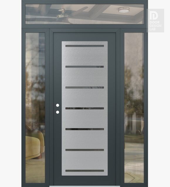 Modern Steel Front Door Diamond C11 64" x 96" anthracite/anthracite mirrored Glass Panel stainless steel RHI with 2 Sidelites and Transom clear Glass