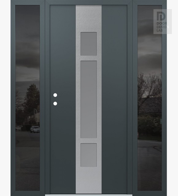 Modern Steel Front Door DIAMOND A9 68" X 80" ANTHRACITE/ANTHRACITE FROSTED GLASS PANEL STAINLESS STEEL RHI WITH 2 SIDELITES MIRRORED GLASS
