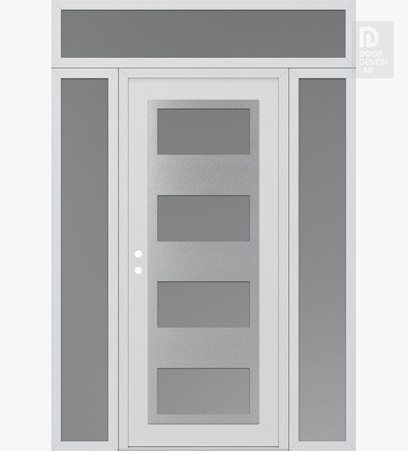 Modern Steel Front Door Diamond C2 68" x 96" white/white frosted Glass Panel stainless steel RHI with 2 Sidelites and Transom frosted Glass