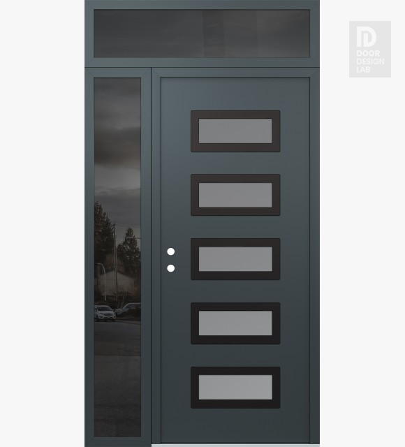Modern Steel Front Door Diamond D1 50" x 96" anthracite/anthracite frosted Glass Panel black RHI with Sidelite and Transom mirrored Glass