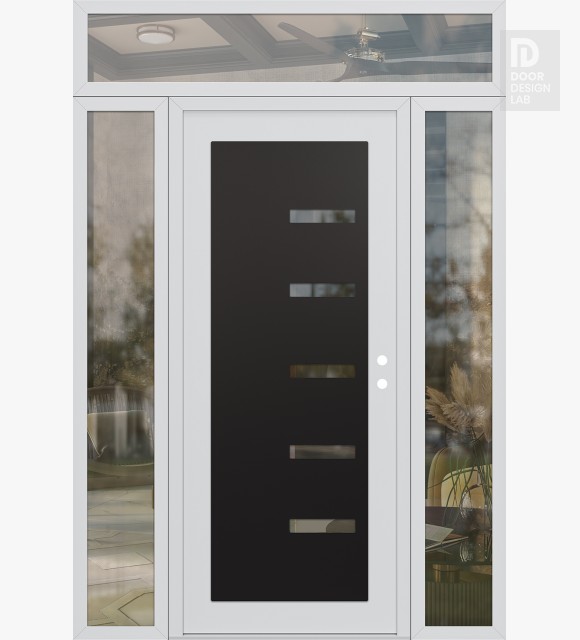 Modern Steel Front Door Diamond C8 64" x 96" white/white clear Glass Panel black LHI with 2 Sidelites and Transom clear Glass