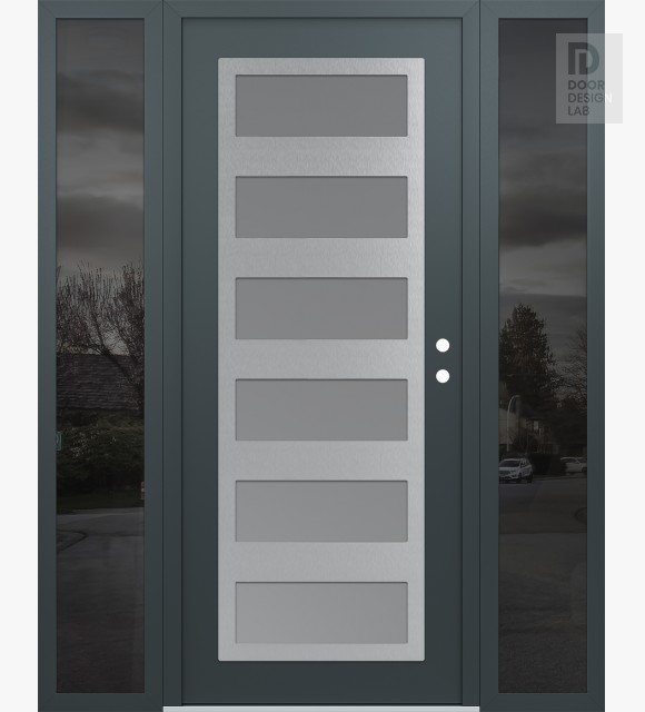 Modern Steel Front Door Diamond C9 60" x 80" anthracite/anthracite frosted Glass Panel stainless steel LHI with 2 Sidelites mirrored Glass