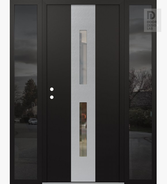 Modern Steel Front Door DIAMOND A6 60" X 80" BLACK/BLACK CLEAR GLASS PANEL STAINLESS STEEL RHI WITH 2 SIDELITES MIRRORED GLASS