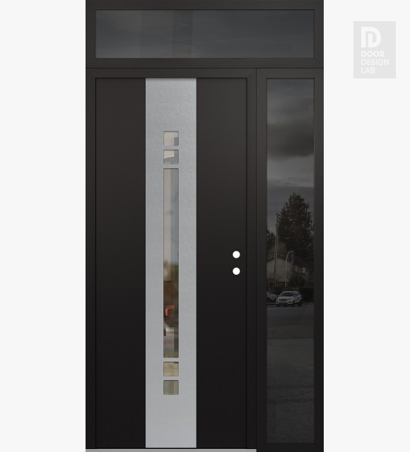 Modern Steel Front Door DIAMOND A4 52" X 96" BLACK/BLACK CLEAR GLASS PANEL STAINLESS STEEL LHI WITH SIDELITE AND TRANSOM MIRRORED GLASS