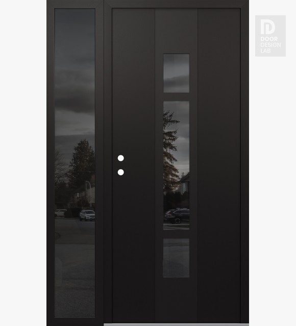 Modern Steel Front Door DIAMOND A9 52" X 80" BLACK/BLACK MIRRORED GLASS PANEL BLACK RHI WITH SIDELITE MIRRORED GLASS