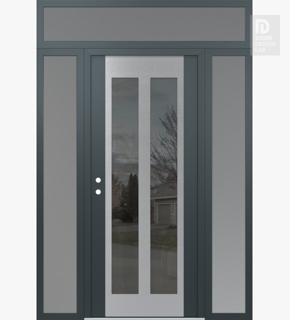 Modern Steel Front Door Diamond C14 60" x 96" anthracite/anthracite mirrored Glass Panel stainless steel RHI with 2 Sidelites and Transom frosted Glass