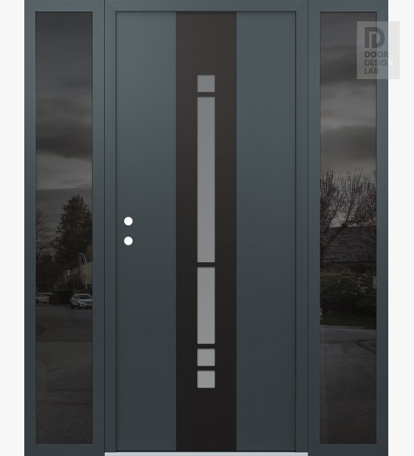 Modern Steel Front Door DIAMOND A3 60" X 80" ANTHRACITE/ANTHRACITE FROSTED GLASS PANEL BLACK RHI WITH 2 SIDELITES MIRRORED GLASS