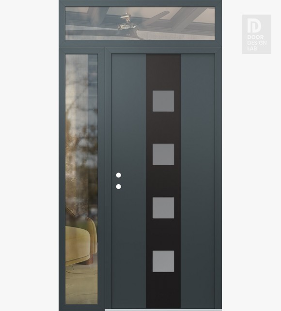 Modern Steel Front Door DIAMOND A12 48" X 96" ANTHRACITE/ANTHRACITE FROSTED GLASS PANEL BLACK RHI WITH SIDELITE AND TRANSOM CLEAR GLASS