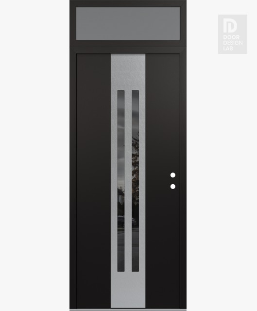 Modern Steel Front Door DIAMOND A8 36" X 96" BLACK/BLACK MIRRORED GLASS PANEL STAINLESS STEEL LHI WITH TRANSOM FROSTED GLASS