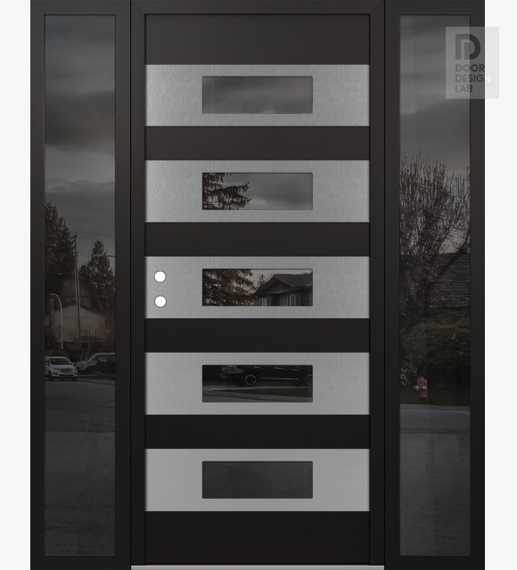 Modern Steel Front Door Diamond D5 68" x 80" black/black mirrored Glass Panel stainless steel RHI with 2 Sidelites mirrored Glass