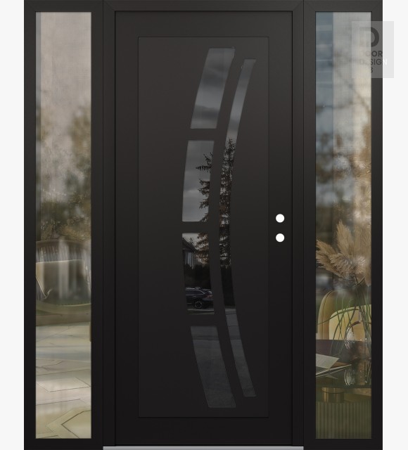 Modern Steel Front Door Diamond C12 64" x 80" black/black mirrored Glass Panel black LHI with 2 Sidelites clear Glass