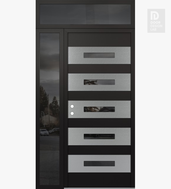 Modern Steel Front Door Diamond D9 52" x 96" black/black mirrored Glass Panel stainless steel RHI with Sidelite and Transom mirrored Glass