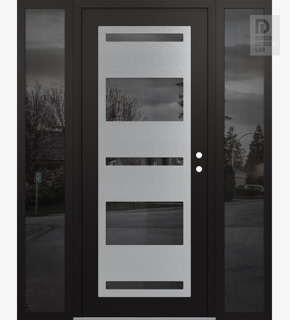 Modern Steel Front Door Diamond C10 60" x 80" black/black mirrored Glass Panel stainless steel LHI with 2 Sidelites mirrored Glass
