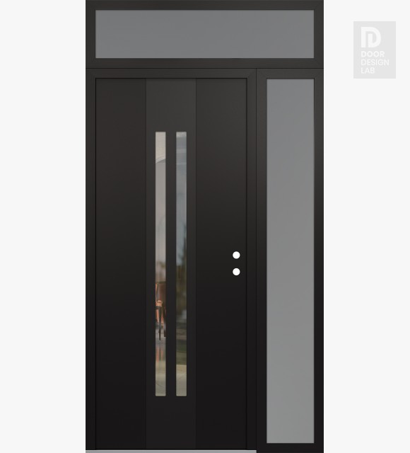 Modern Steel Front Door DIAMOND A8 52" X 96" BLACK/BLACK CLEAR GLASS PANEL BLACK LHI WITH SIDELITE AND TRANSOM FROSTED GLASS