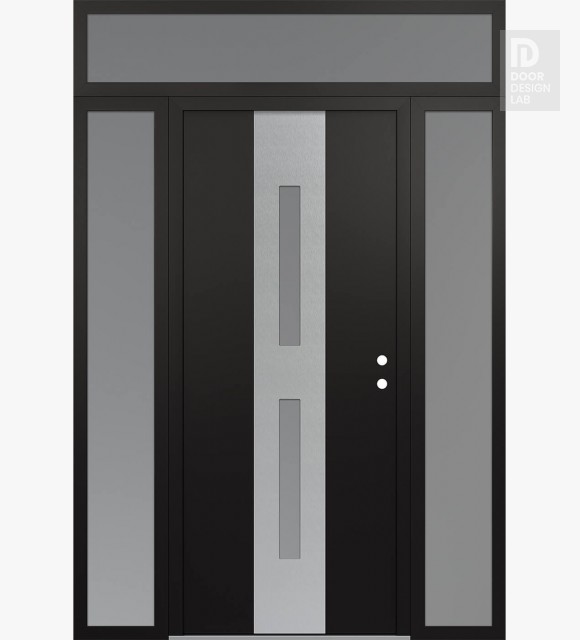 Modern Steel Front Door DIAMOND A6 68" X 96" BLACK/WHITE FROSTED GLASS PANEL STAINLESS STEEL LHI WITH 2 SIDELITES AND TRANSOM FROSTED GLASS