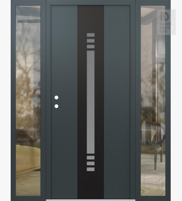 Modern Steel Front Door DIAMOND A5 68" X 80" ANTHRACITE/ANTHRACITE FROSTED GLASS PANEL BLACK RHI WITH 2 SIDELITES CLEAR GLASS