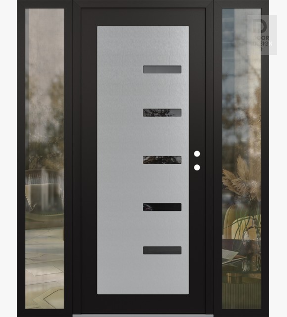 Modern Steel Front Door Diamond C8 60" x 80" black/black mirrored Glass Panel stainless steel LHI with 2 Sidelites clear Glass
