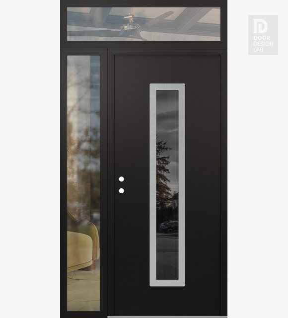 Modern Steel Front Door DIAMOND A11 48" X 96" BLACK/BLACK MIRRORED GLASS PANEL STAINLESS STEEL RHI WITH SIDELITE AND TRANSOM CLEAR GLASS