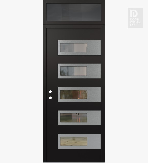 Modern Steel Front Door Diamond D3 36" x 96" black/black clear Glass Panel stainless steel RHI with Transom mirrored Glass