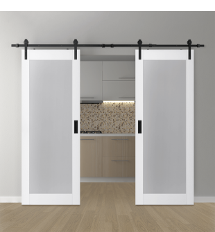 DOUBLE BARN DOOR PALLADIO 207 VETRO BIANCO NOBLE 36" X 80" X 1 9/16" TEMPERED FROSTED GLASS BLACK HARDWARE