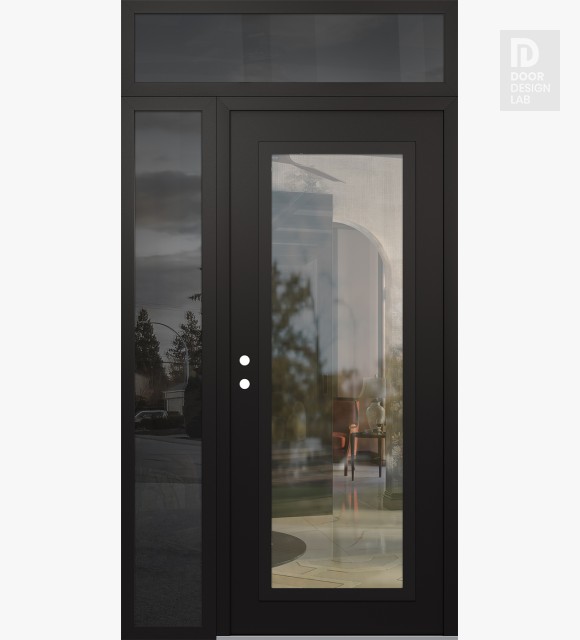 Modern Steel Front Door Diamond C1 50" x 96" black/black clear Glass Panel black RHI with Sidelite and Transom mirrored Glass