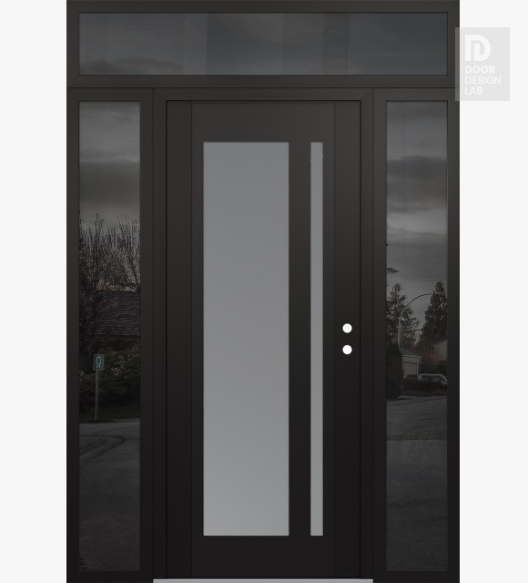 Modern Steel Front Door Diamond C15 60" x 96" black/white frosted Glass Panel black LHI with 2 Sidelites and Transom mirrored Glass