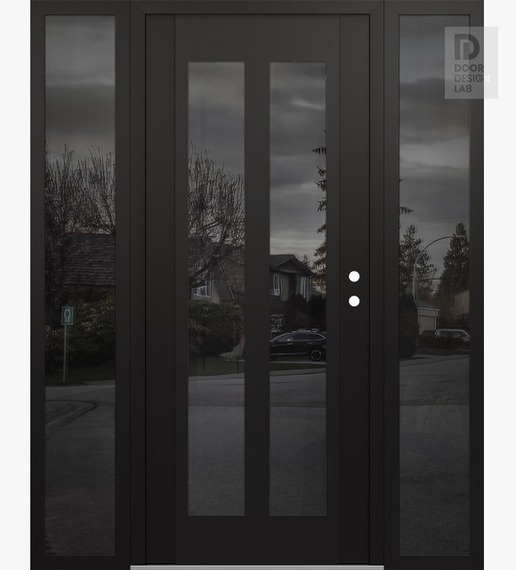 Modern Steel Front Door Diamond C14 60" x 80" black/black mirrored Glass Panel black LHI with 2 Sidelites mirrored Glass