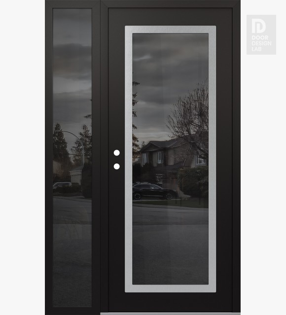 Modern Steel Front Door Diamond C1 50" x 80" black/black mirrored Glass Panel stainless steel RHI with Sidelite mirrored Glass