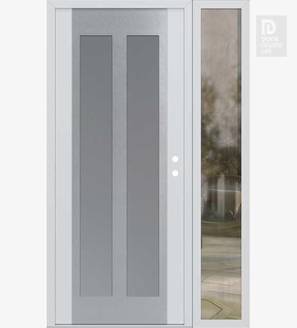 Modern Steel Front Door Diamond C14 48" x 80" white/white frosted Glass Panel stainless steel LHI with Sidelite clear Glass