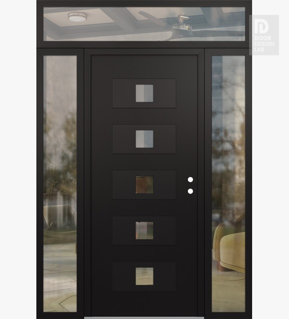 Modern Steel Front Door Diamond D8 64" x 96" black/black clear Glass Panel black LHI with 2 Sidelites and Transom clear Glass
