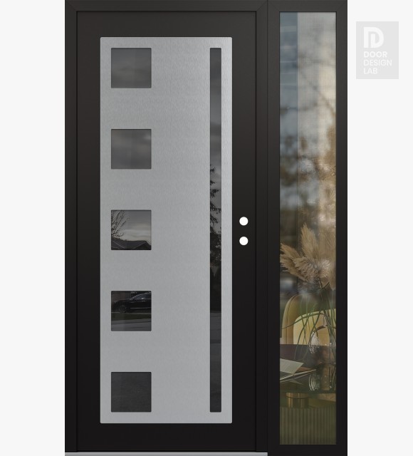 Modern Steel Front Door Diamond C3 48" x 80" black/black mirrored Glass Panel stainless steel LHI with Sidelite clear Glass