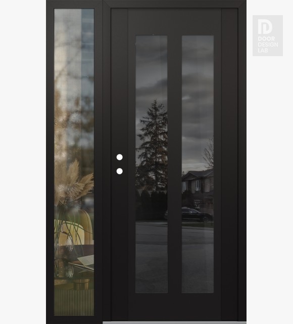 Modern Steel Front Door Diamond C14 50" x 80" black/black mirrored Glass Panel black RHI with Sidelite clear Glass