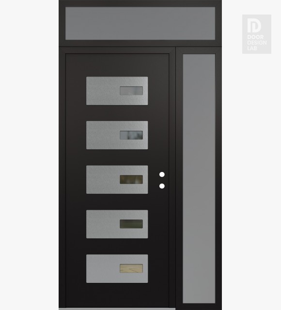 Modern Steel Front Door Diamond D7 52" x 96" black/black clear Glass Panel stainless steel LHI with Sidelite and Transom frosted Glass