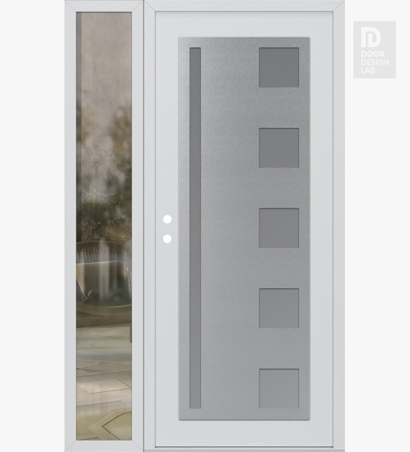 Modern Steel Front Door Diamond C3 48" x 80" white/white frosted Glass Panel stainless steel RHI with Sidelite clear Glass