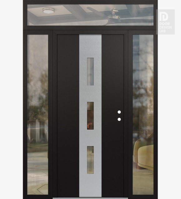Modern Steel Front Door DIAMOND A7 68" X 96" BLACK/BLACK CLEAR GLASS PANEL STAINLESS STEEL LHI WITH 2 SIDELITES AND TRANSOM CLEAR GLASS