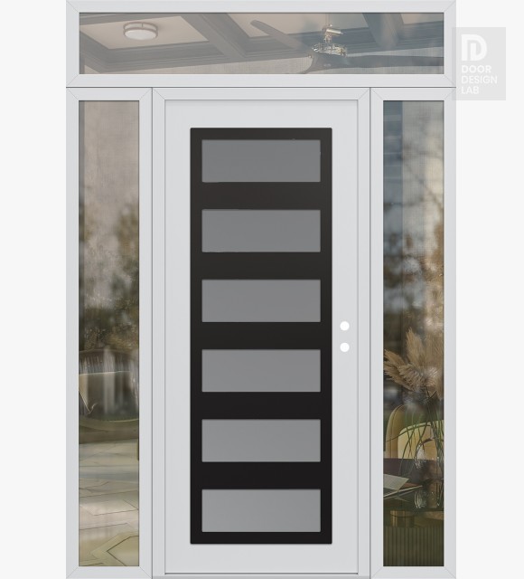 Modern Steel Front Door Diamond C9 64" x 96" white/white frosted Glass Panel black LHI with 2 Sidelites and Transom clear Glass