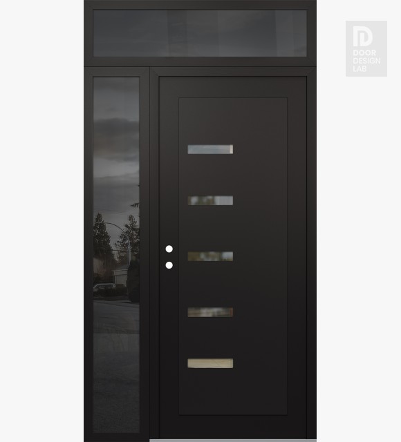 Modern Steel Front Door Diamond C8 48" x 96" black/black clear Glass Panel black RHI with Sidelite and Transom mirrored Glass