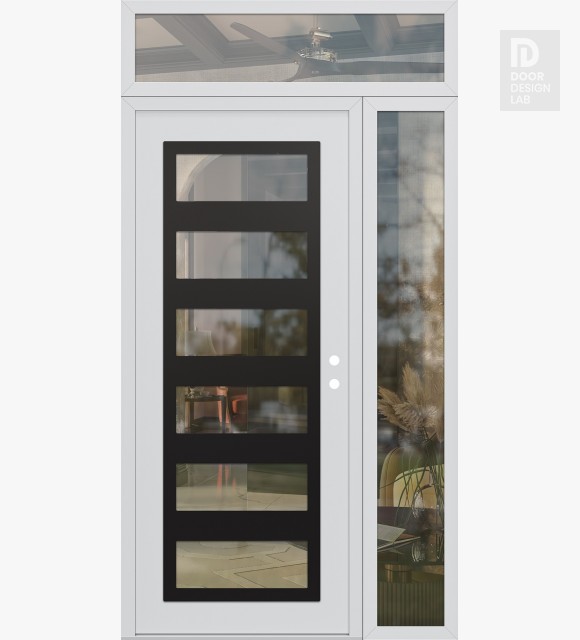 Modern Steel Front Door Diamond C9 52" x 96" white/white clear Glass Panel black LHI with Sidelite and Transom clear Glass