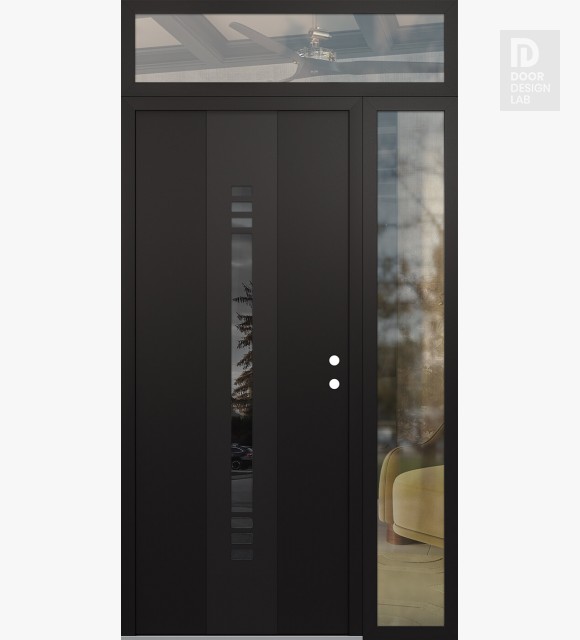 Modern Steel Front Door DIAMOND A5 52" X 96" BLACK/BLACK MIRRORED GLASS PANEL BLACK LHI WITH SIDELITE AND TRANSOM CLEAR GLASS