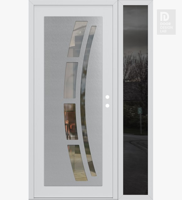 Modern Steel Front Door Diamond C12 48" x 80" white/white clear Glass Panel stainless steel LHI with Sidelite mirrored Glass