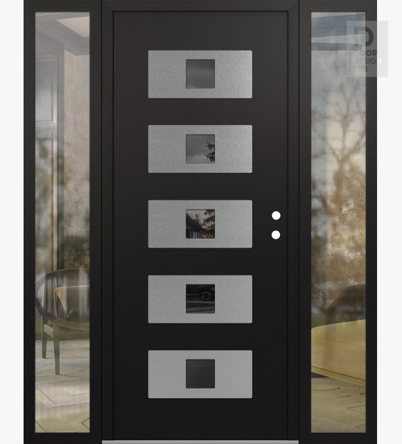 Modern Steel Front Door Diamond D8 60" x 80" black/black mirrored Glass Panel stainless steel LHI with 2 Sidelites clear Glass