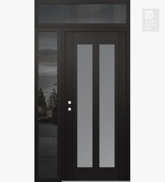 Modern Steel Front Door Diamond C14 48" x 96" black/white frosted Glass Panel black RHI with Sidelite and Transom mirrored Glass
